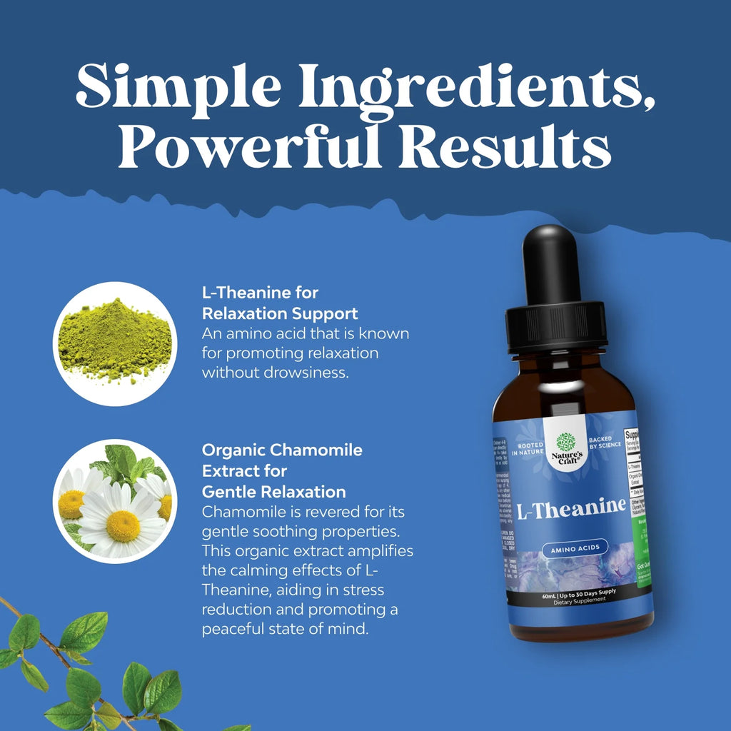 High Absorption L-Theanine Liquid Drops - Nootropic Focus Supplement with L-Theanine 200Mg per Serving and Chamomile Extract for Adults and Kids Relaxation and Focus Vegan 60Ml