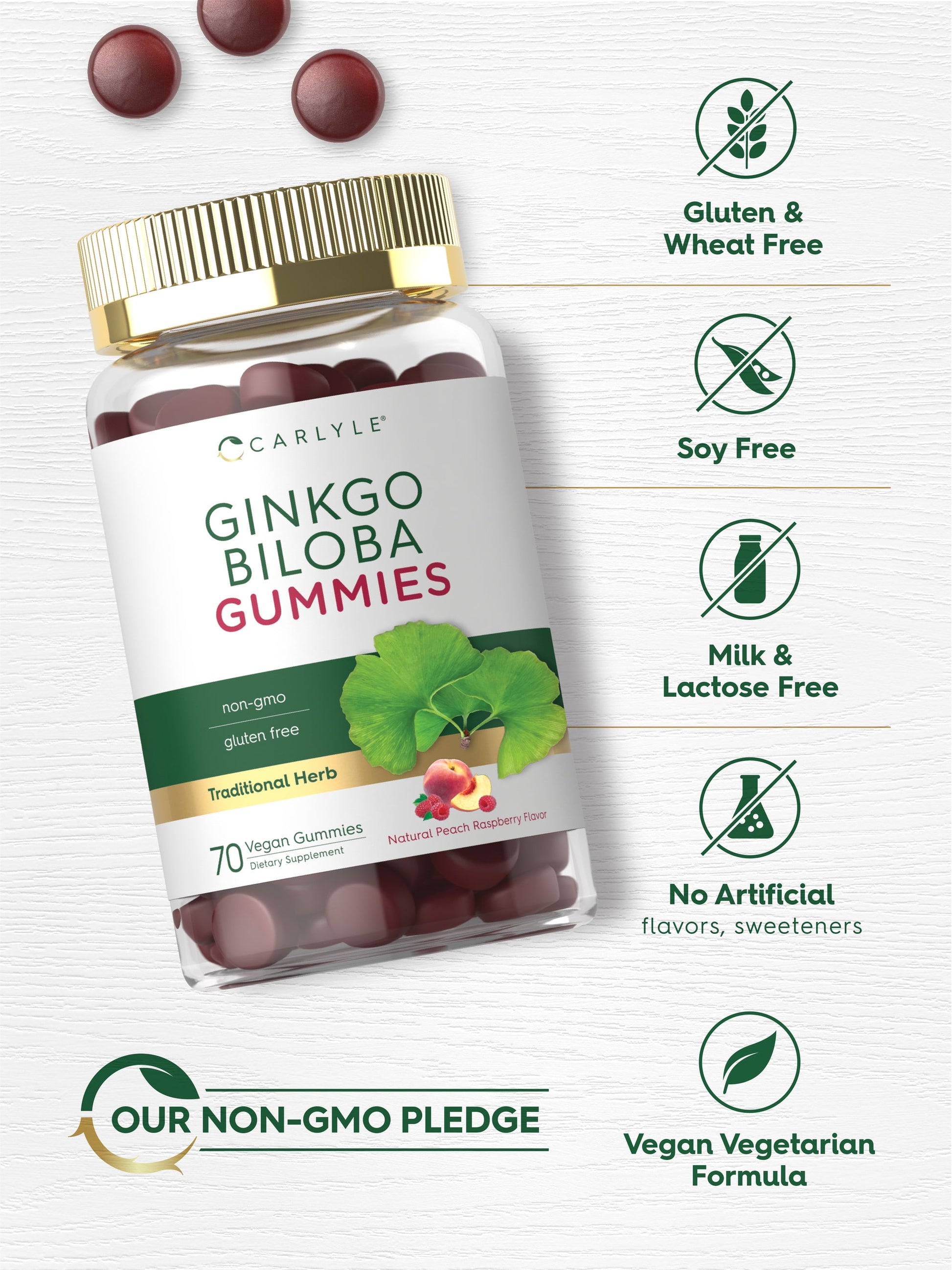 Ginkgo Biloba 300Mg | 70 Gummies | Peach Raspberry Flavor | Vegan Supplement | by
