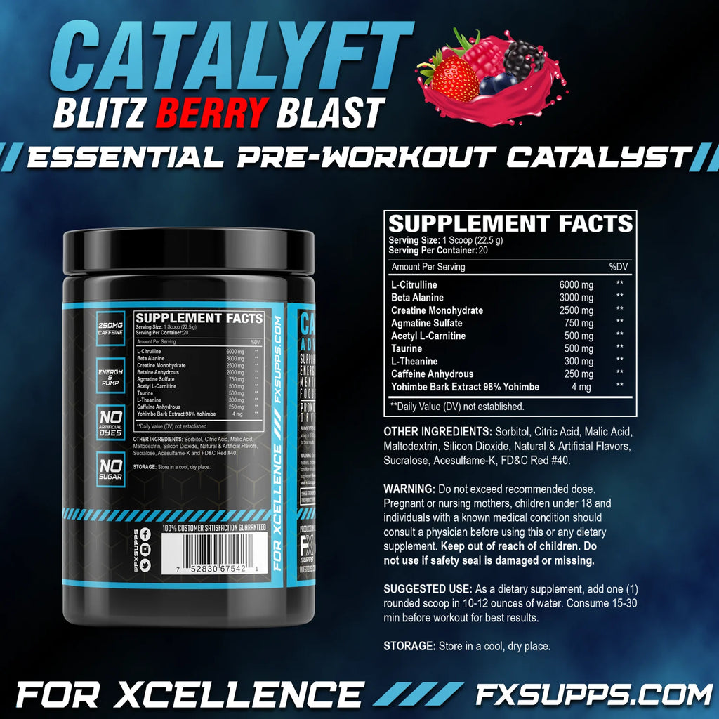 FX Supps Catalyft Pre Workout Energy Supplement, Blitz Berry Blast, 20 Servings