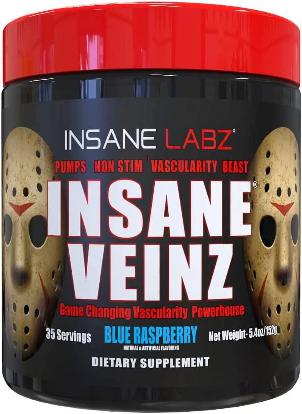 Insane Veinz Non Stimulant NO Enhancing Powder, Nitric Oxide Booster, Loaded with Agmatine Sulfate and Betaine Anhydrous, Increase Vascularity, 35 Srvgs, Blue Raspberry