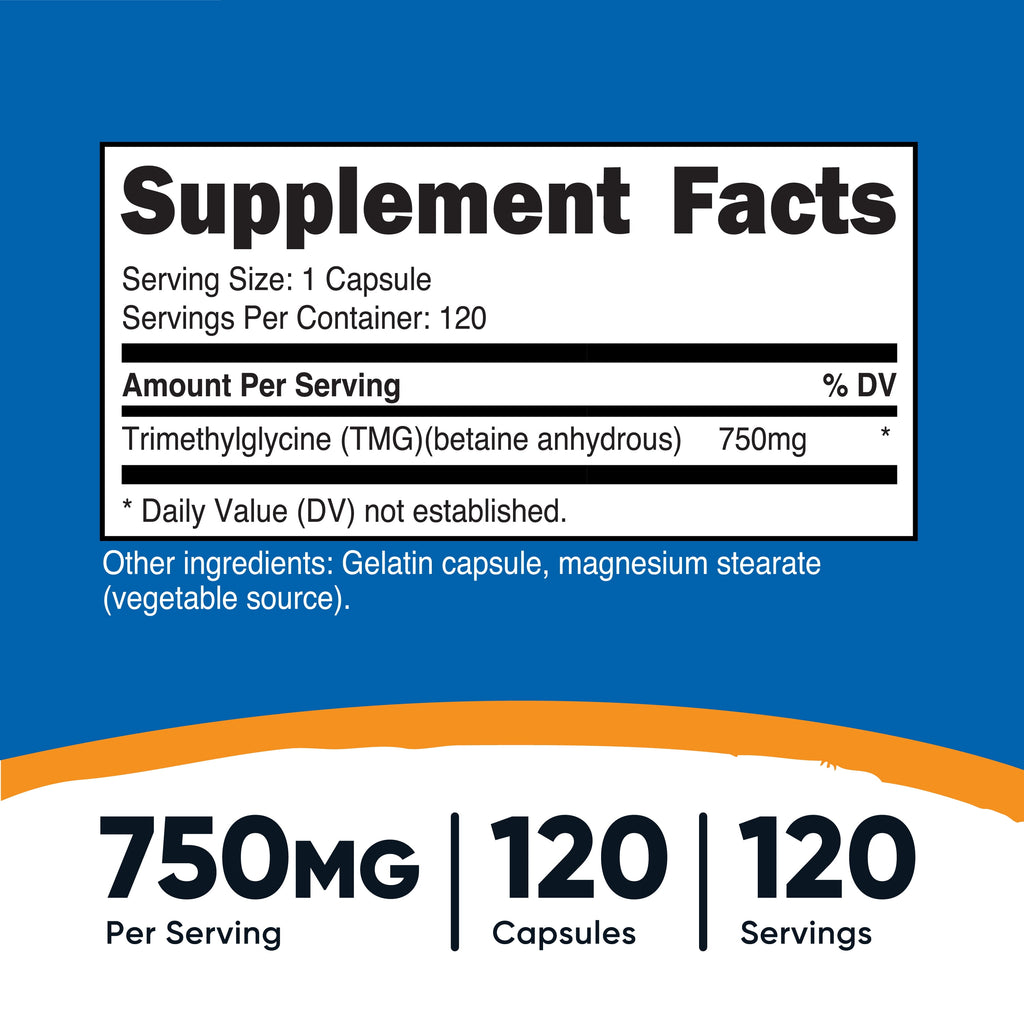 Trimethylglycine (TMG) 750Mg, 120 Capsules - Non-Gmo Supplement