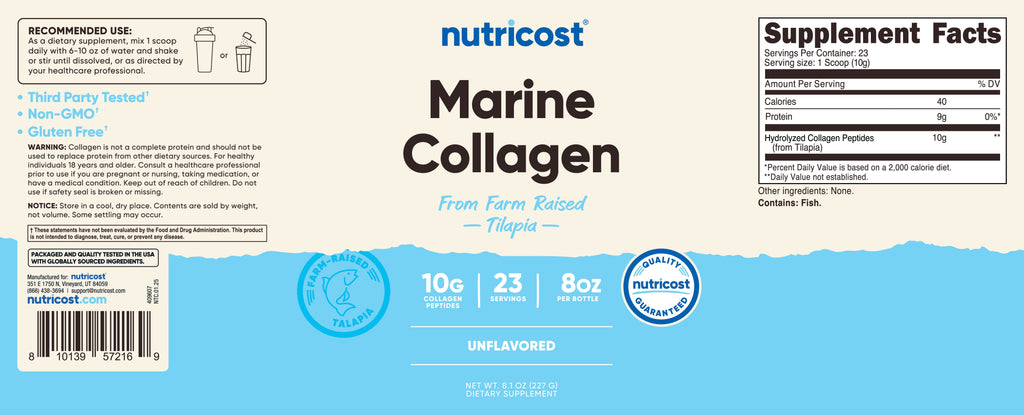 Marine Collagen Powder Farm Raised Fish (Unflavored) (8 Oz) - 23 Servings, 9 G Protein per Serving, Non-Gmo, GMP Compliant