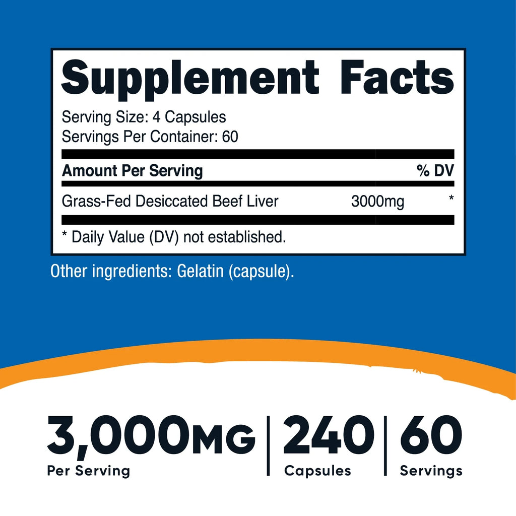 Grass Fed Desiccated Beef Liver Supplement 240 Capsules, 3000Mg (750Mg per Cap)