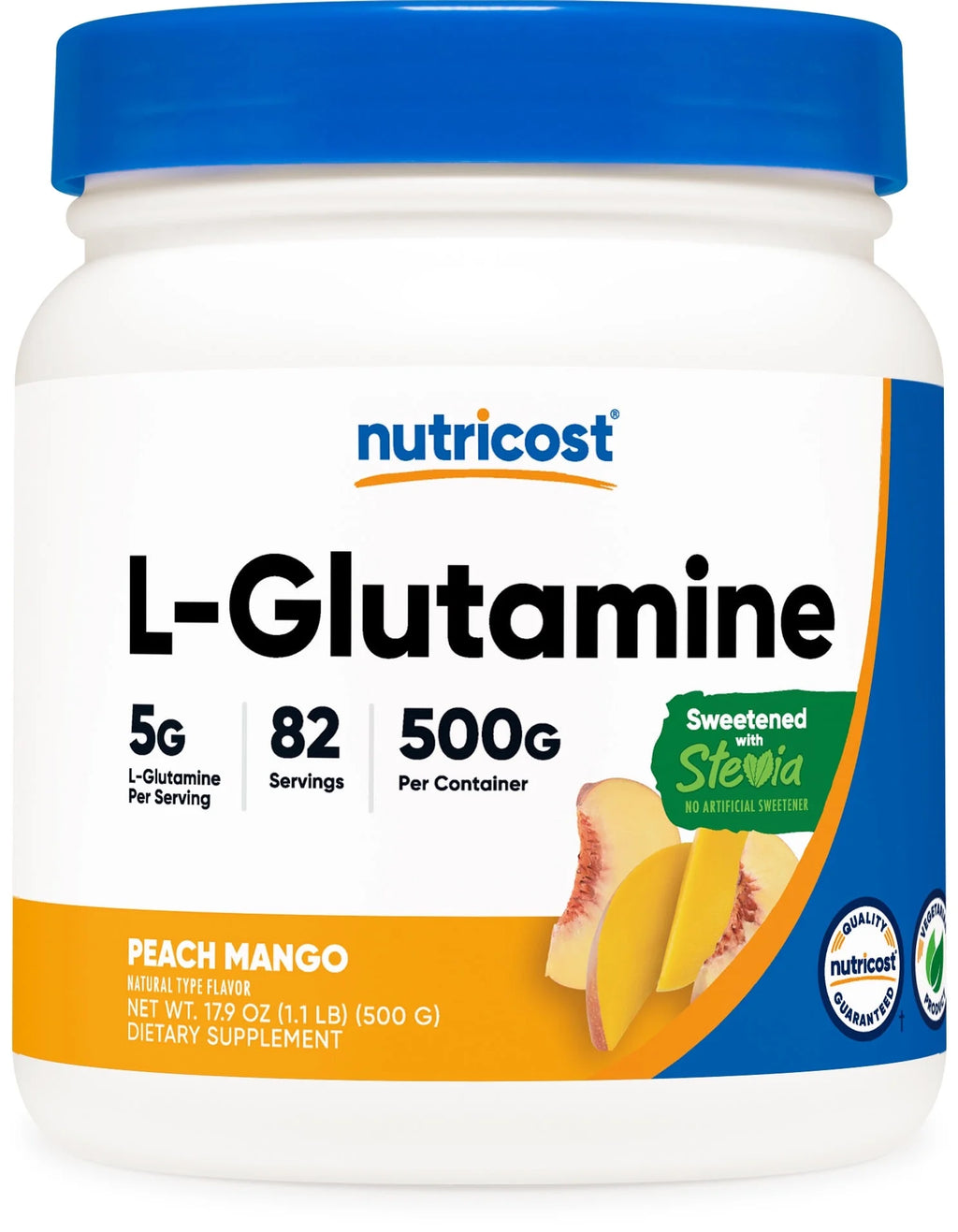 L-Glutamine Powder Sweetened with Stevia (500 Grams / 5 Grams L-Glutamine per Serving/Peach Mango) | L-Glutamine Supplement for Gut Support - Gluten Free, Non-Gmo