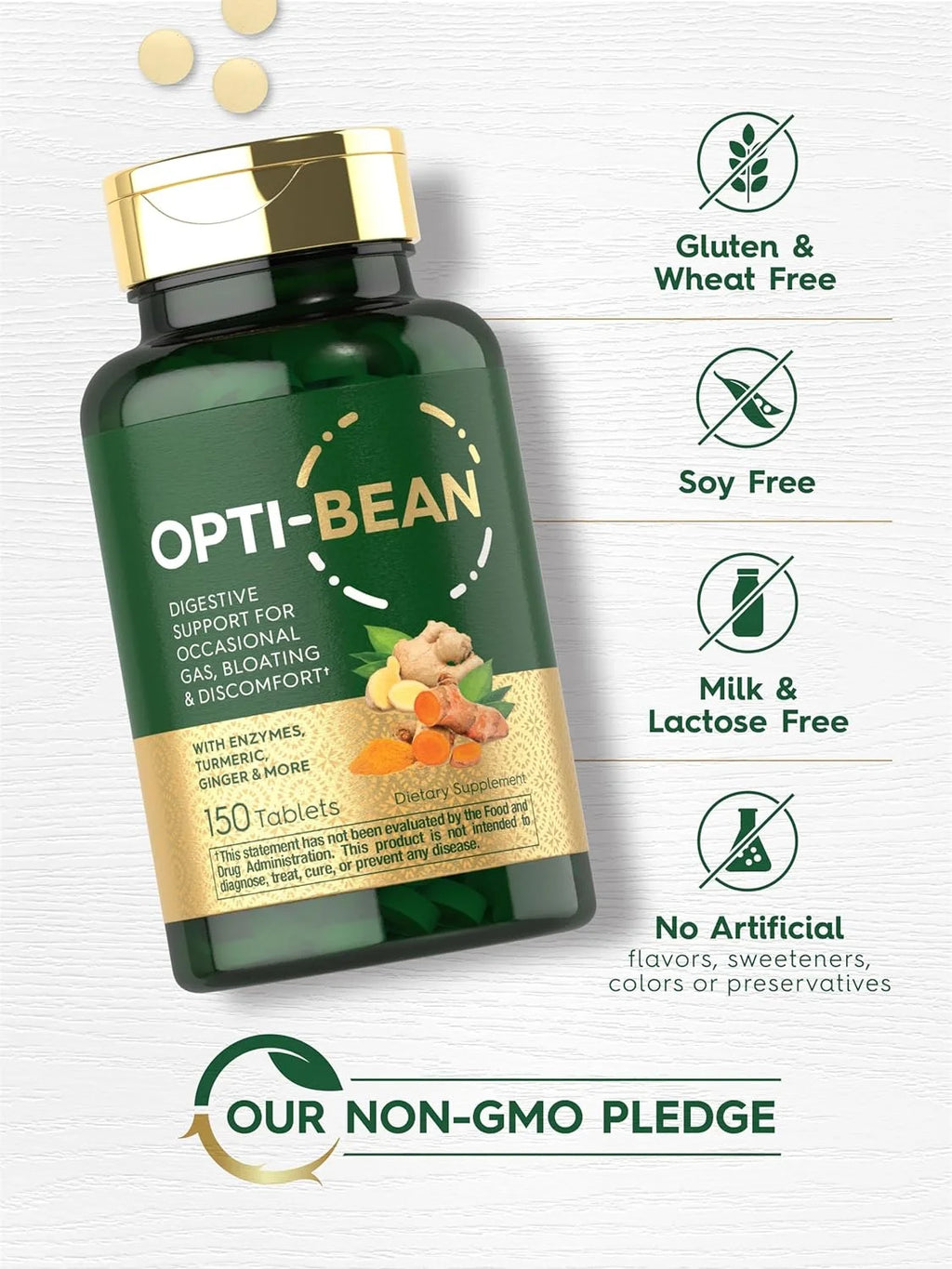 Opti-Bean | 150 Tablets | Digestive Support | Gas, Bloating & Discomfort Enzyme Blend | Vegetarian, Non-Gmo & Gluten Free Supplement | by