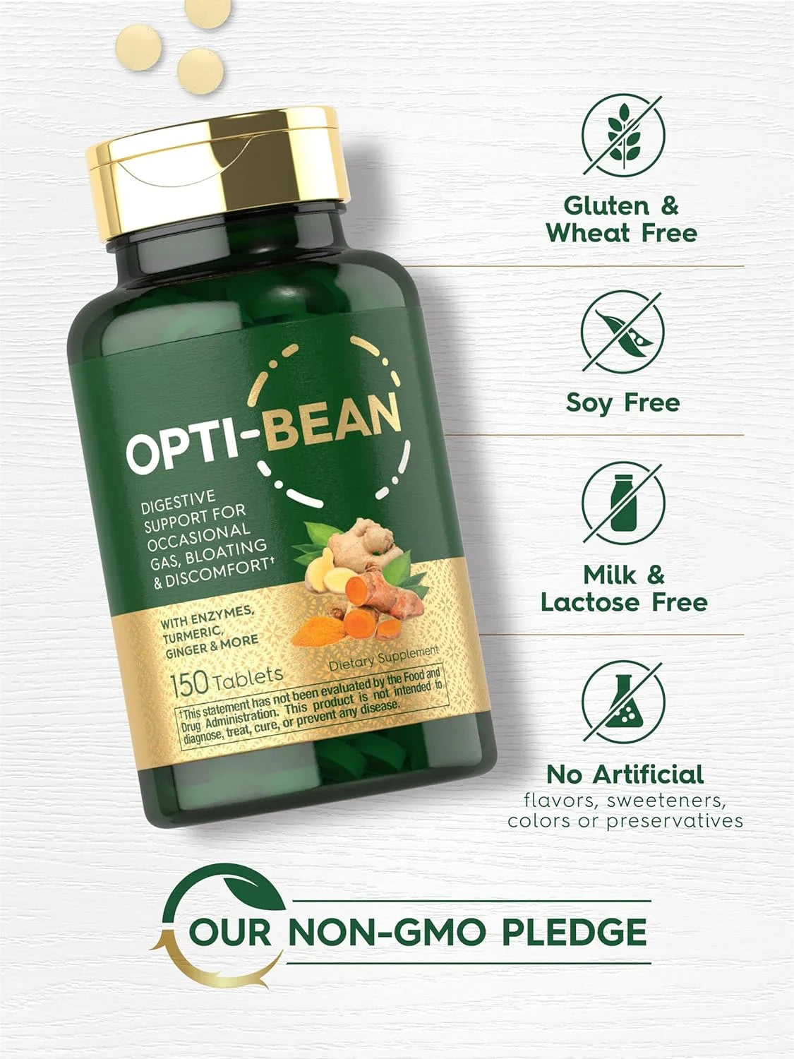 Opti-Bean | 150 Tablets | Digestive Support | Gas, Bloating & Discomfort Enzyme Blend | Vegetarian, Non-Gmo & Gluten Free Supplement | by