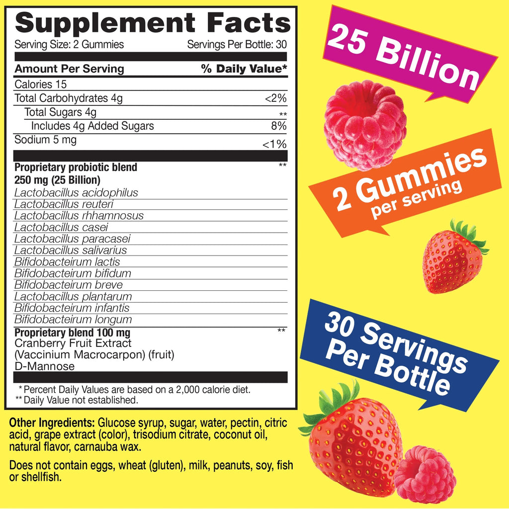 25 Billion Probiotics for Women Cranberry and D-Mannose Gummies (2 Pack) - Vaginal and Gut Health, Digestive Support, and Feminine Health - Womens Probiotic with 12 Strains - 60 Gummies