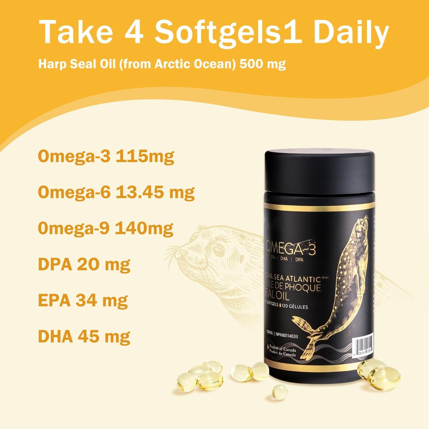 Easy to Swallow Harp Seal Oil Omega 3 6 9 by ® | Made in Canada | Rich Source of EPA, DHA, & DPA for Good Health | Chemical-Free, Non-Gmo | 500Mg - 240 Softgels