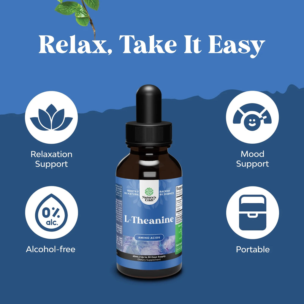 High Absorption L-Theanine Liquid Drops - Nootropic Focus Supplement with L-Theanine 200Mg per Serving and Chamomile Extract for Adults and Kids Relaxation and Focus Vegan 60Ml