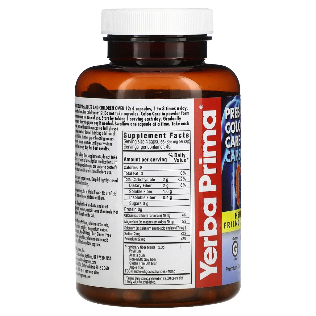 Prebiotics Colon Care Fiber Caps, 180 Capsules - Five Forms of Fiber plus FOS Pre-Biotics - Dietary Health Supplement - Healthy Soluble & Insoluble Fibers for Regularity