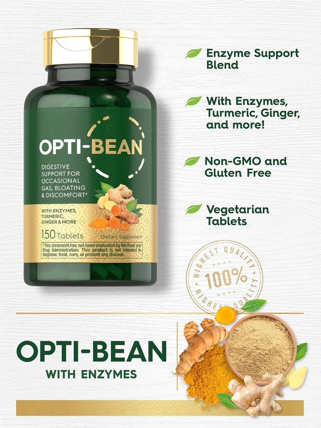 Opti-Bean | 150 Tablets | Digestive Support | Gas, Bloating & Discomfort Enzyme Blend | Vegetarian, Non-Gmo & Gluten Free Supplement | by