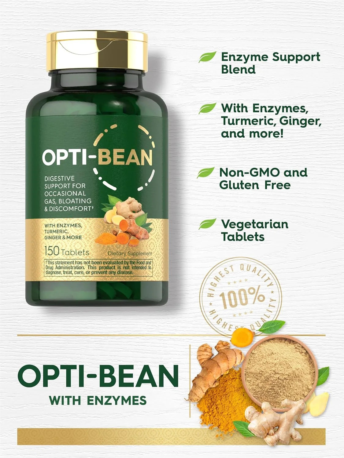 Opti-Bean | 150 Tablets | Digestive Support | Gas, Bloating & Discomfort Enzyme Blend | Vegetarian, Non-Gmo & Gluten Free Supplement | by