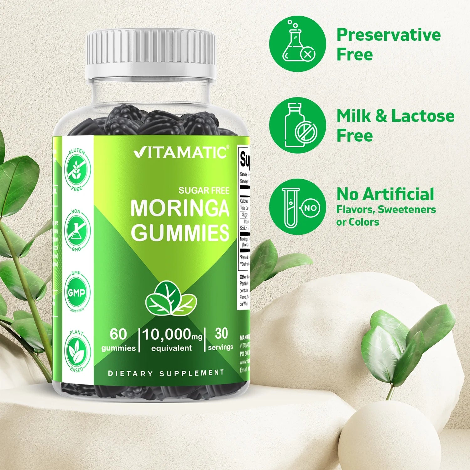 Sugar Free Moringa Gummies - 10000 Mg Equivalent per Serving - Complete Green Superfood - 60 Pectin Based Gummies