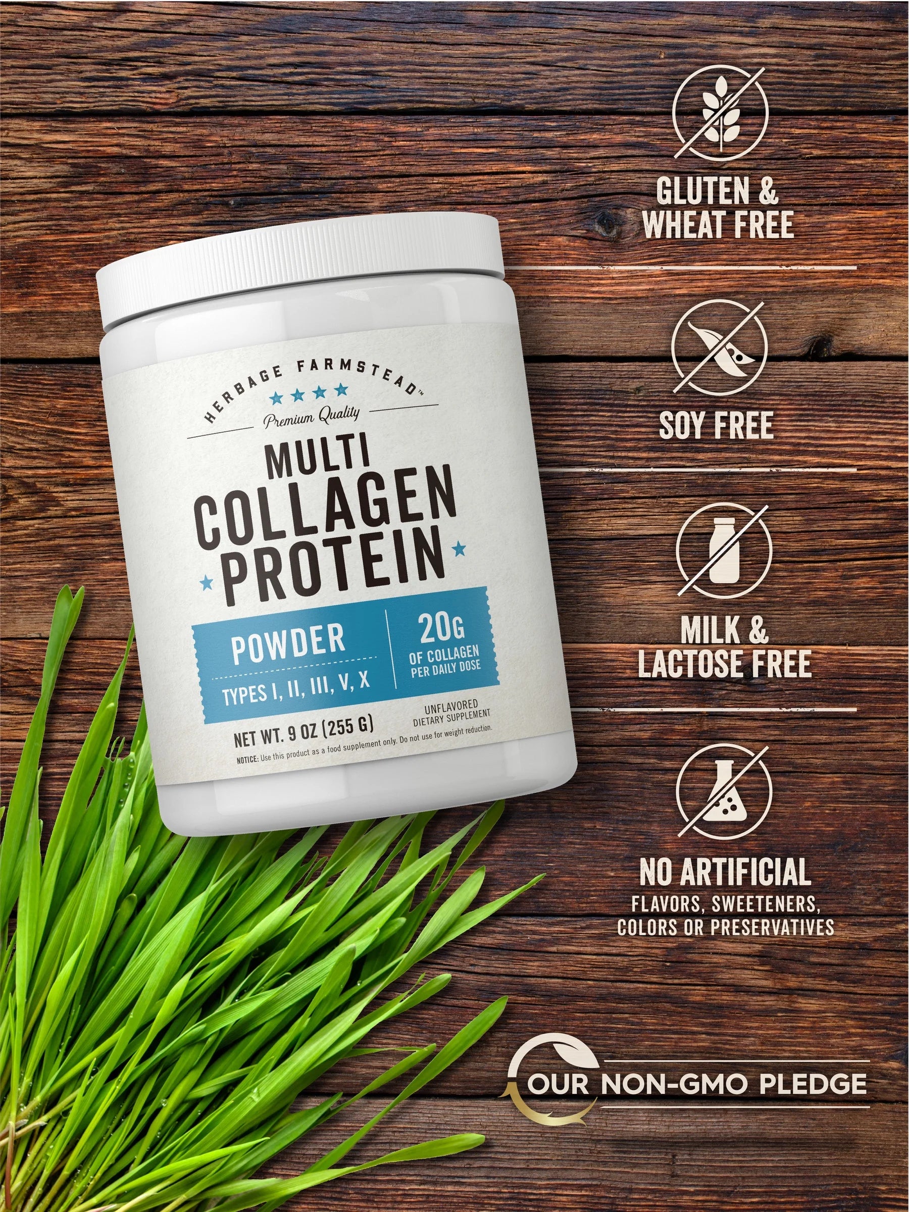 Multi Collagen Protein Powder | 9Oz | Unflavored | Types I, II, III, V, X | by Herbage Farmstead