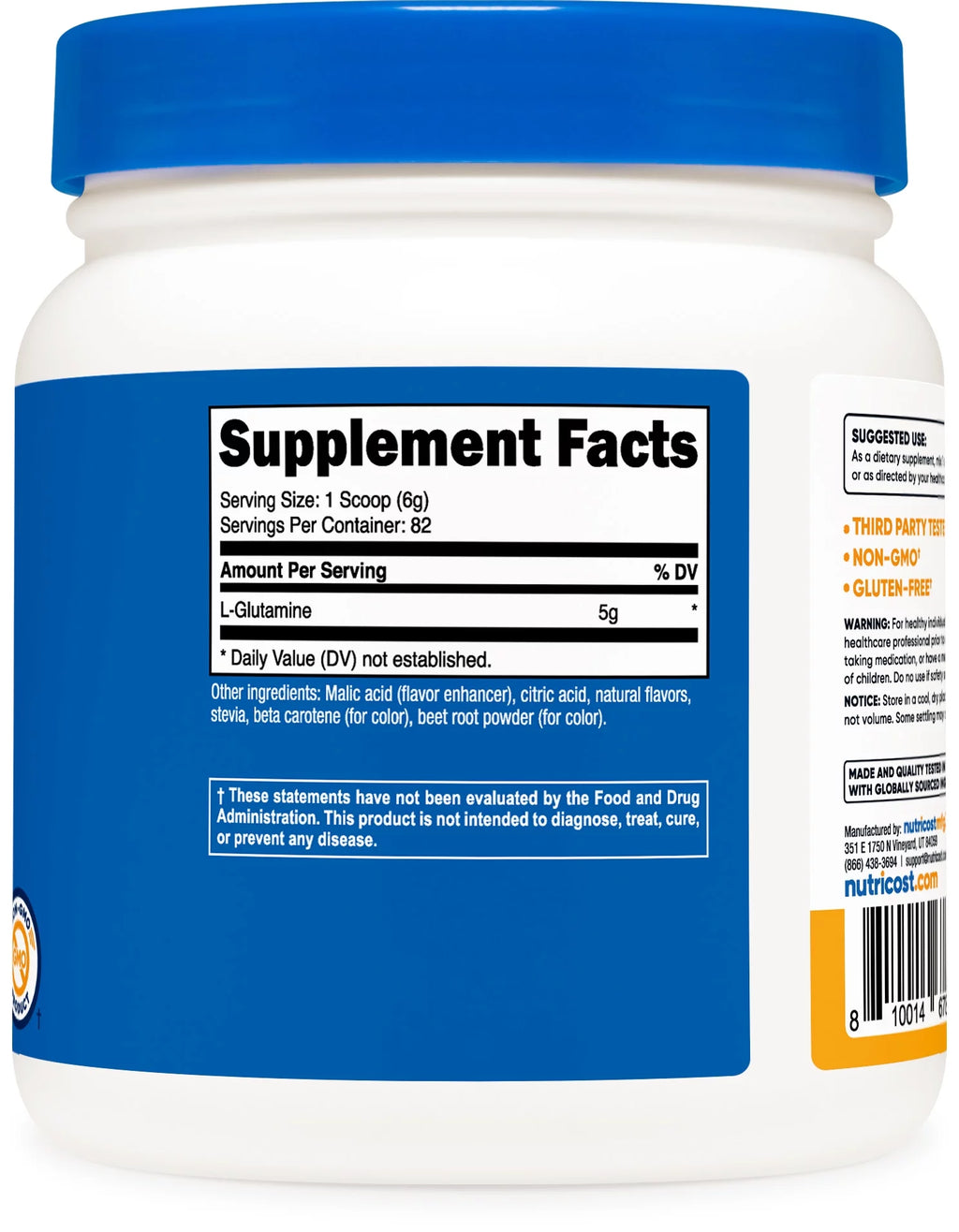 L-Glutamine Powder Sweetened with Stevia (500 Grams / 5 Grams L-Glutamine per Serving/Peach Mango) | L-Glutamine Supplement for Gut Support - Gluten Free, Non-Gmo