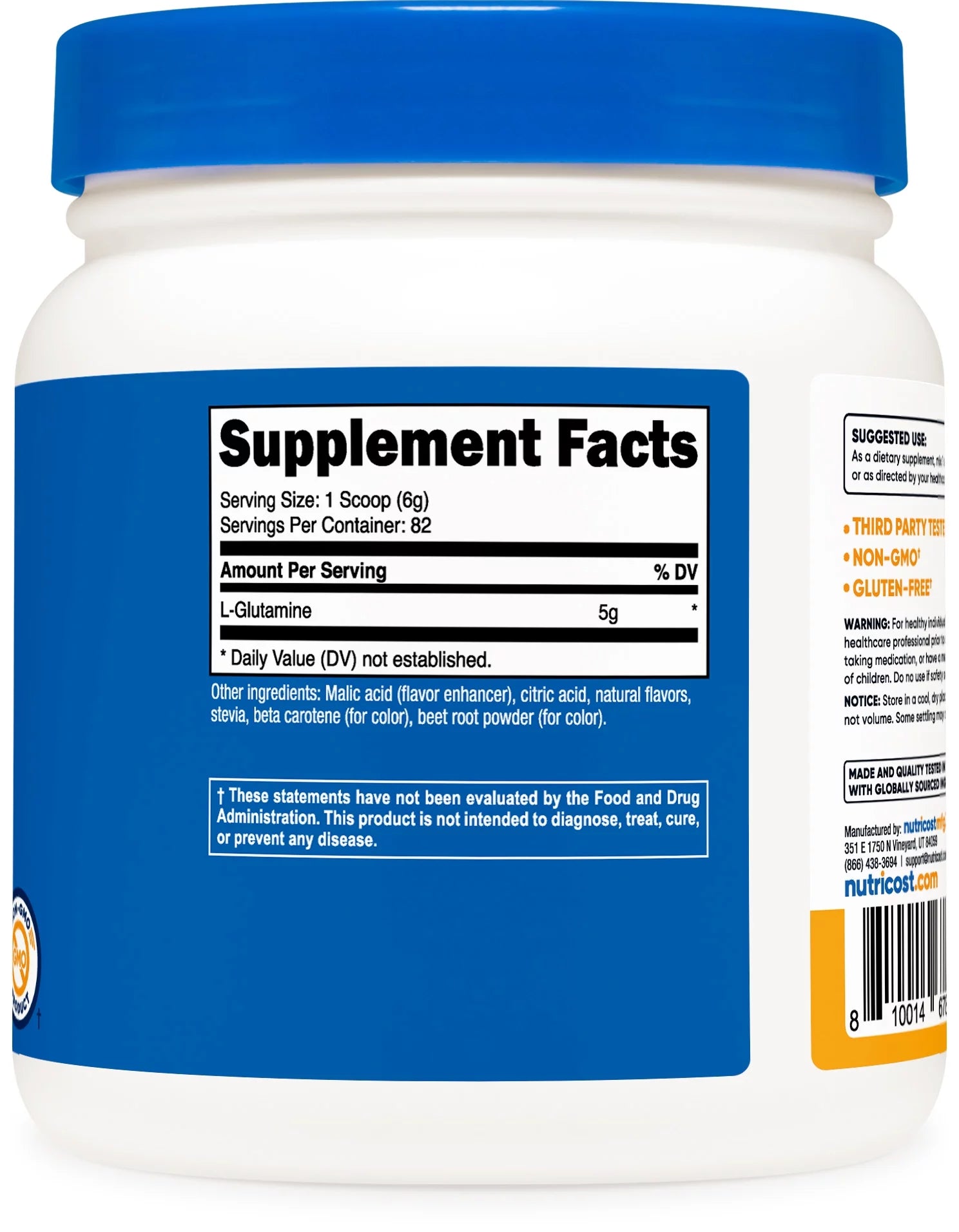L-Glutamine Powder Sweetened with Stevia (500 Grams / 5 Grams L-Glutamine per Serving/Peach Mango) | L-Glutamine Supplement for Gut Support - Gluten Free, Non-Gmo