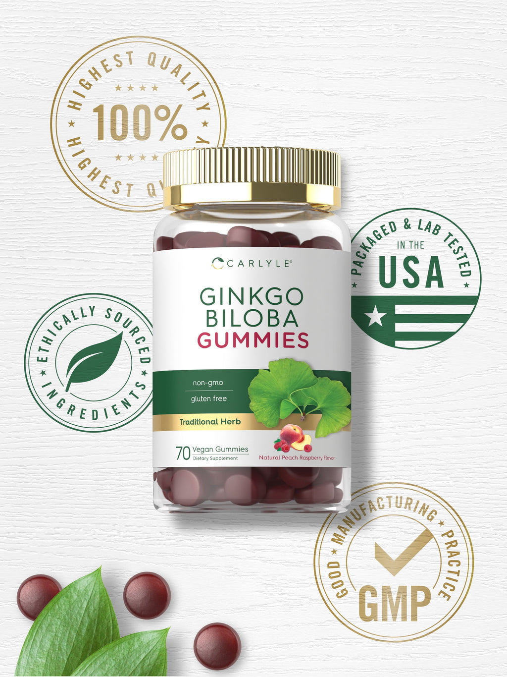 Ginkgo Biloba 300Mg | 70 Gummies | Peach Raspberry Flavor | Vegan Supplement | by