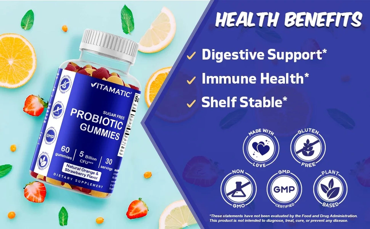 2 Pack  Sugar Free Probiotic Gummies for Men and Women 5 Billion Cfus - Digestive, Immune & Gut Health - Gluten Free