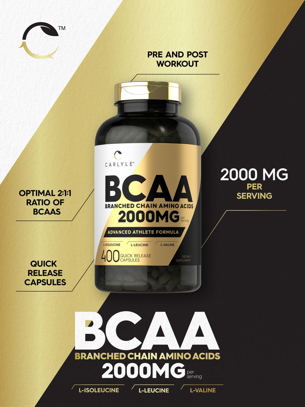 BCAA 2000Mg | 400 Capsules | Branch Chain Amino Acids for Men and Women | by