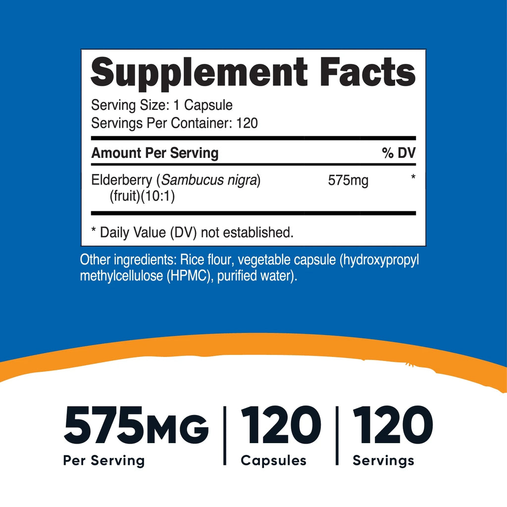 Black Elderberry Vegetarian Capsules 575Mg (120 Capsules) - Gluten Free and Non-Gmo Supplement