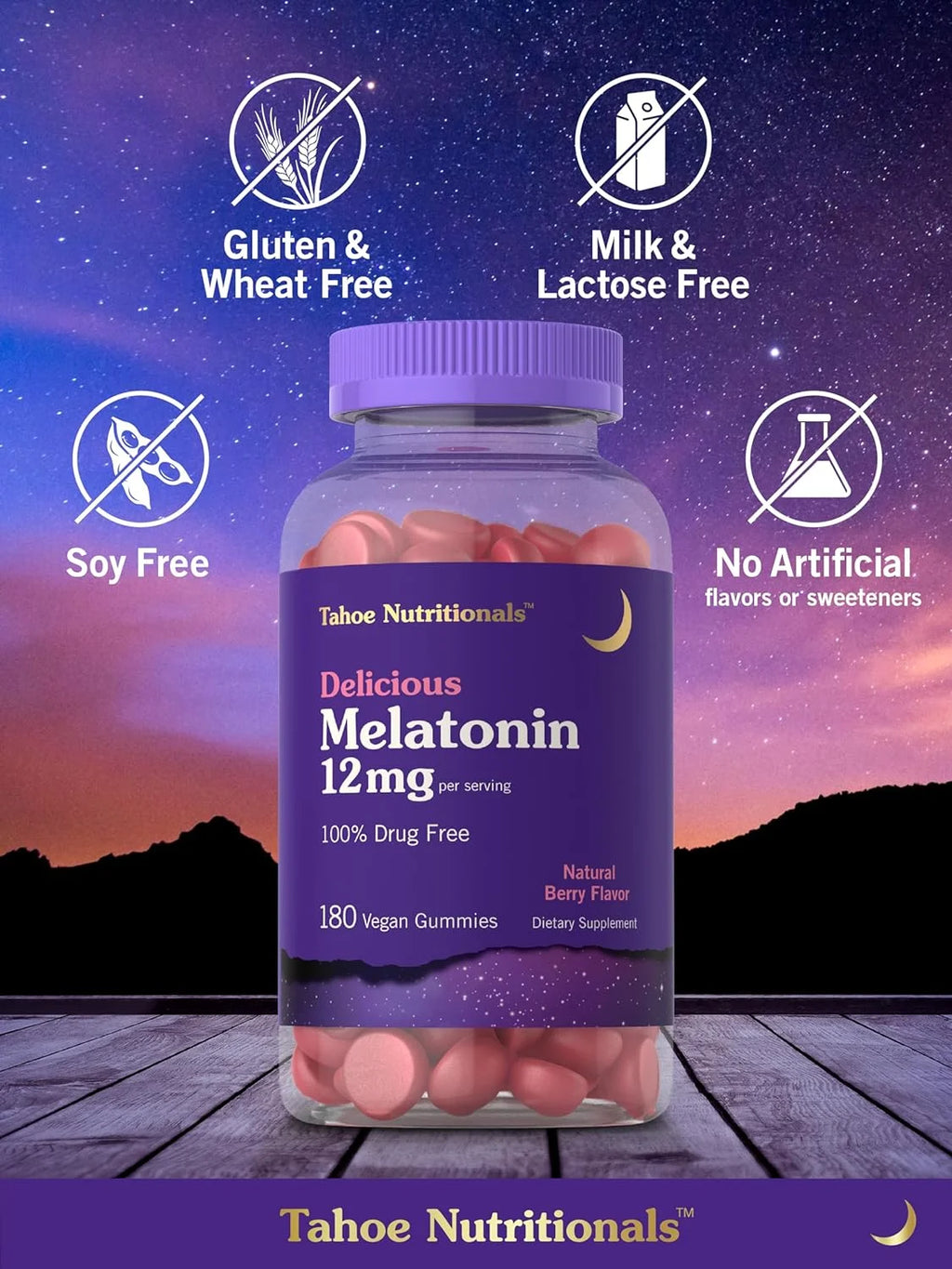 Melatonin Gummies 12Mg | 180 Count | Berry Flavor for Men and Women | Tahoe Nutritionals by