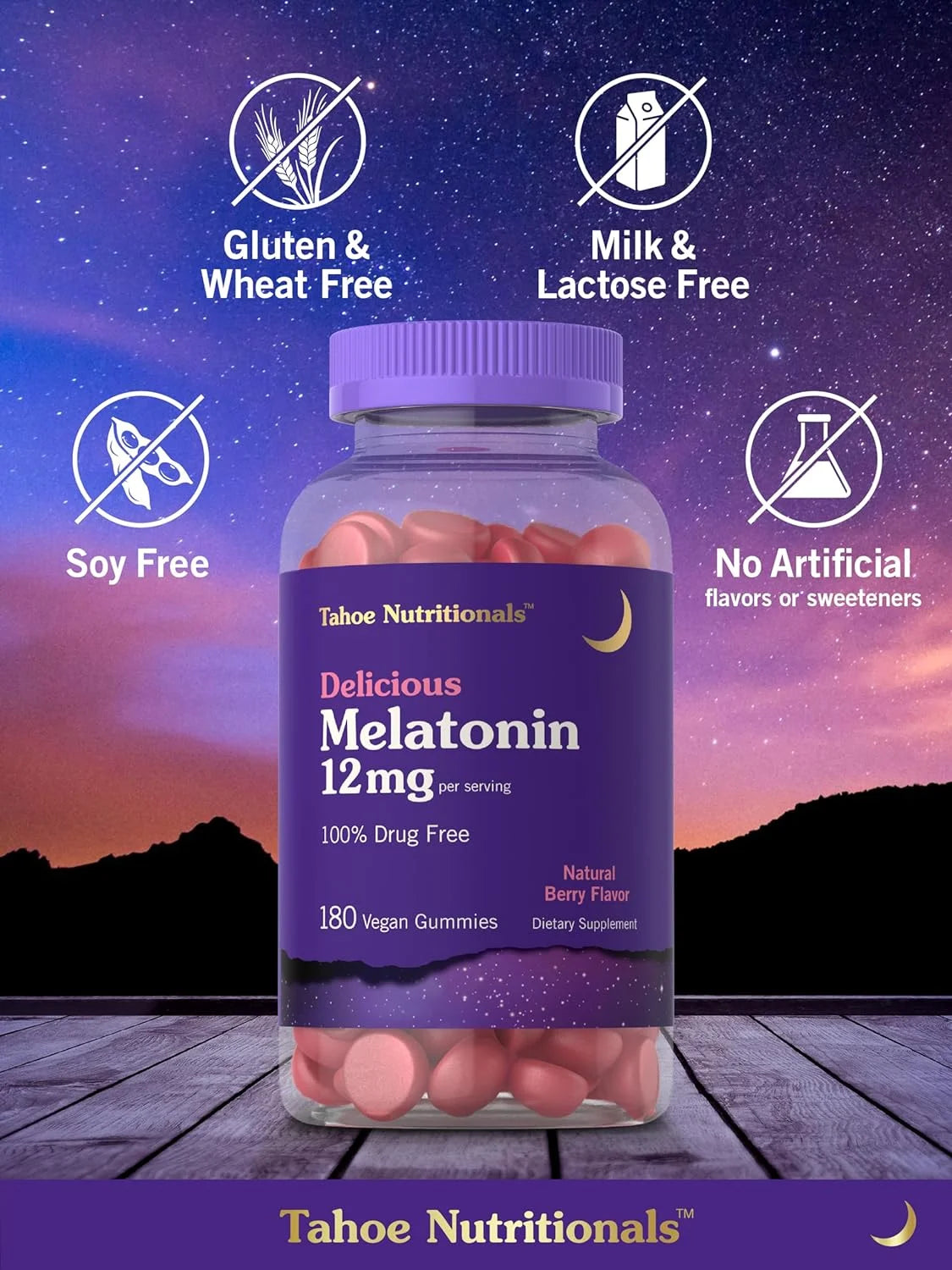 Melatonin Gummies 12Mg | 180 Count | Berry Flavor for Men and Women | Tahoe Nutritionals by