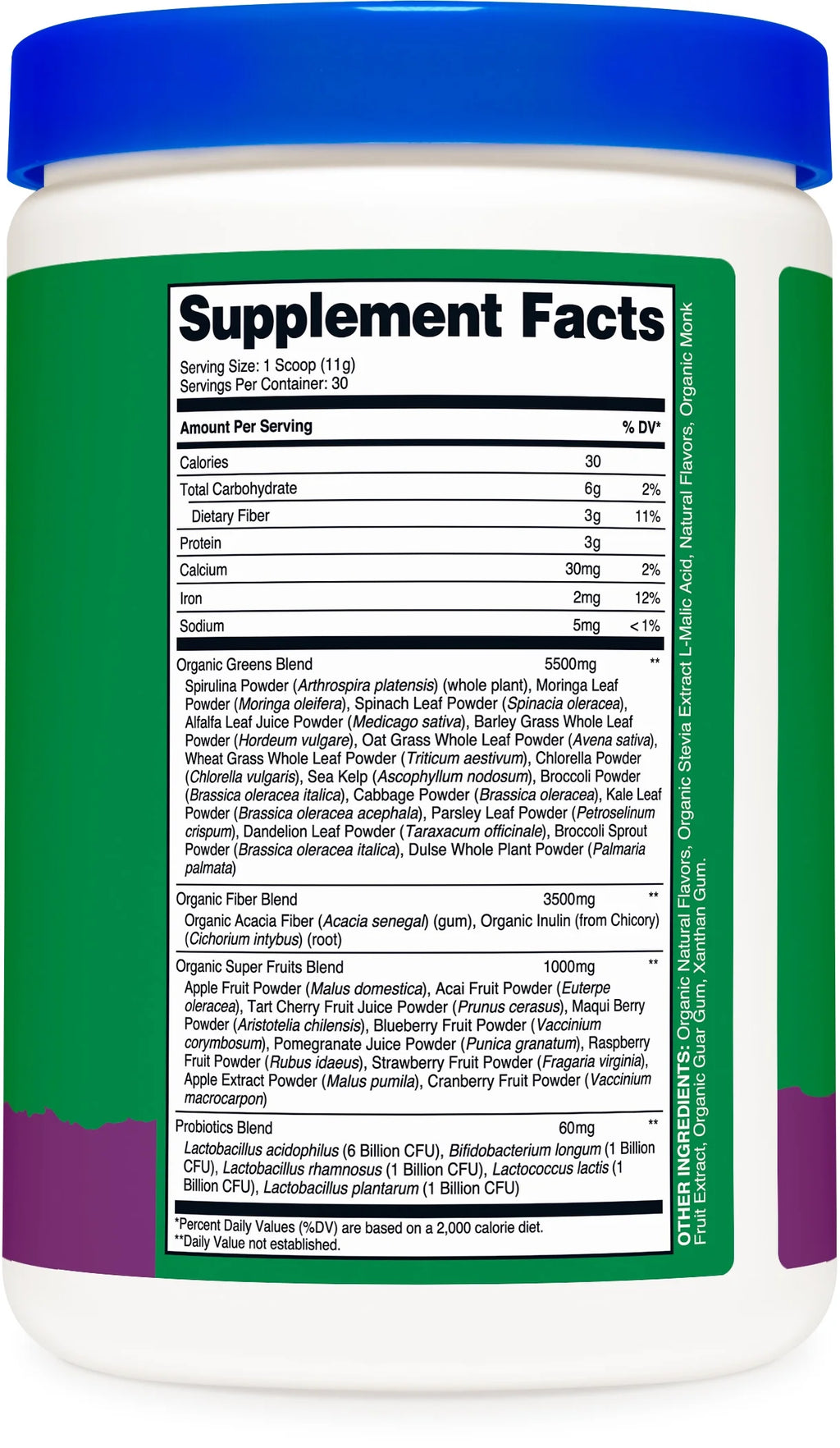 Organic Super Greens Powder (30 Servings) Mixed Berry Flavor - Superfood Supplement Drink Mix