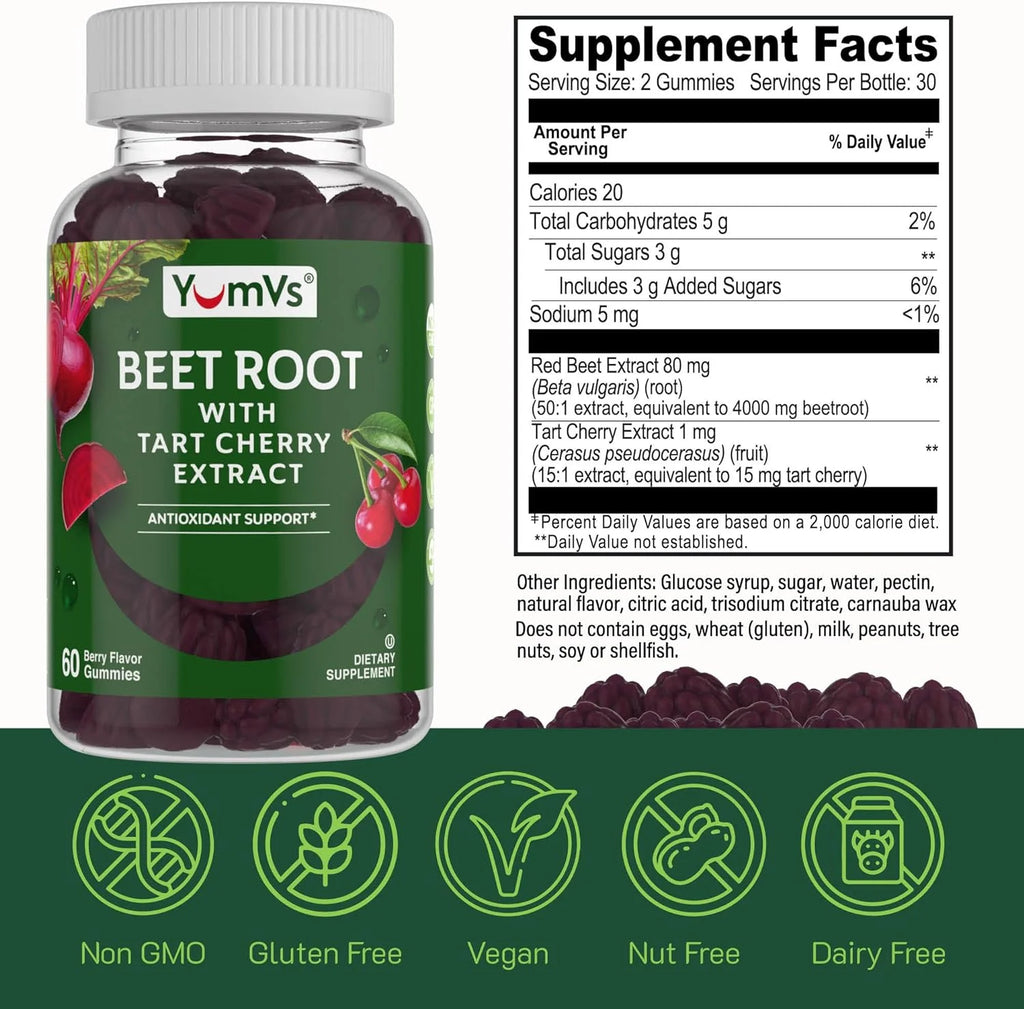 Yum-V’S Beet Root Gummies with Tart Cherry Extract for Blood Circulation and Antioxidant Support, Berry Flavor 60 Count