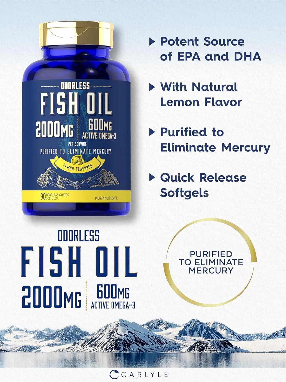 Fish Oil Pills 2000Mg | 600Mg Omega 3 | 90 Odorless Softgels | Lemon Flavored | by
