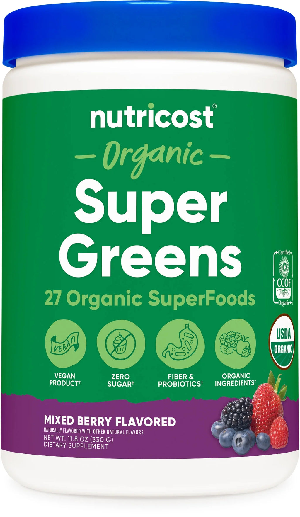 Organic Super Greens Powder (30 Servings) Mixed Berry Flavor - Superfood Supplement Drink Mix