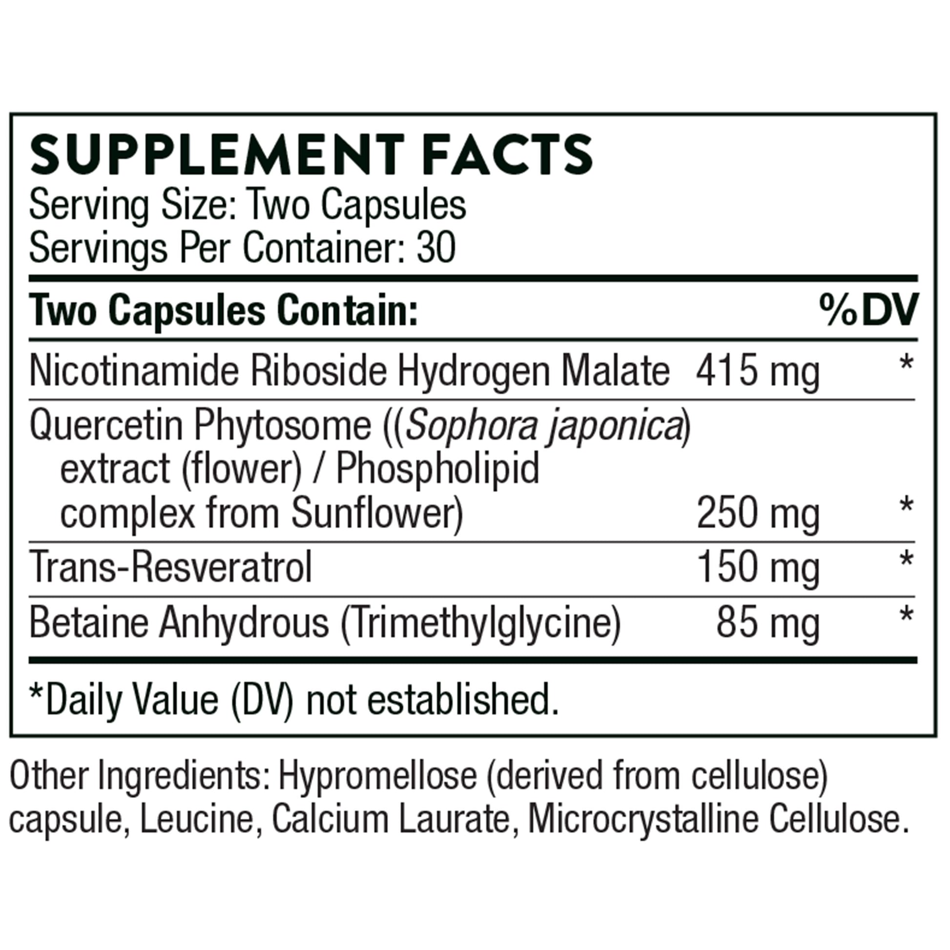 Resveracel - Nicotinamide Riboside with Quercetin Phytosome and Resveratrol - Support Healthy Aging, Methylation, Cellular Energy Production and Metabolism* - 60 Capsules - 30 Servings