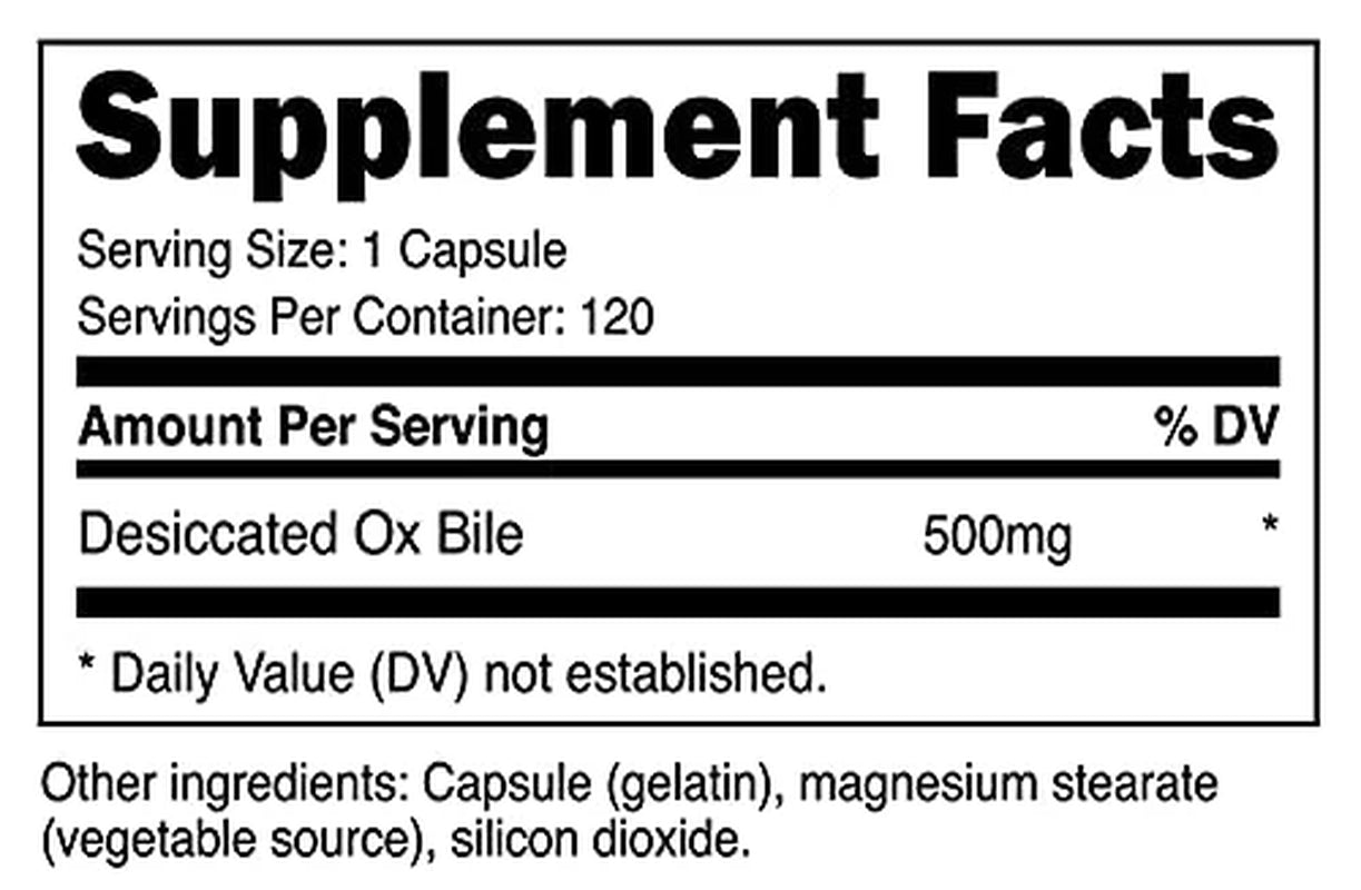 Ox Bile Capsules 500Mg per Serving, 120 Capsules - Non-Gmo & Gluten Free Supplement