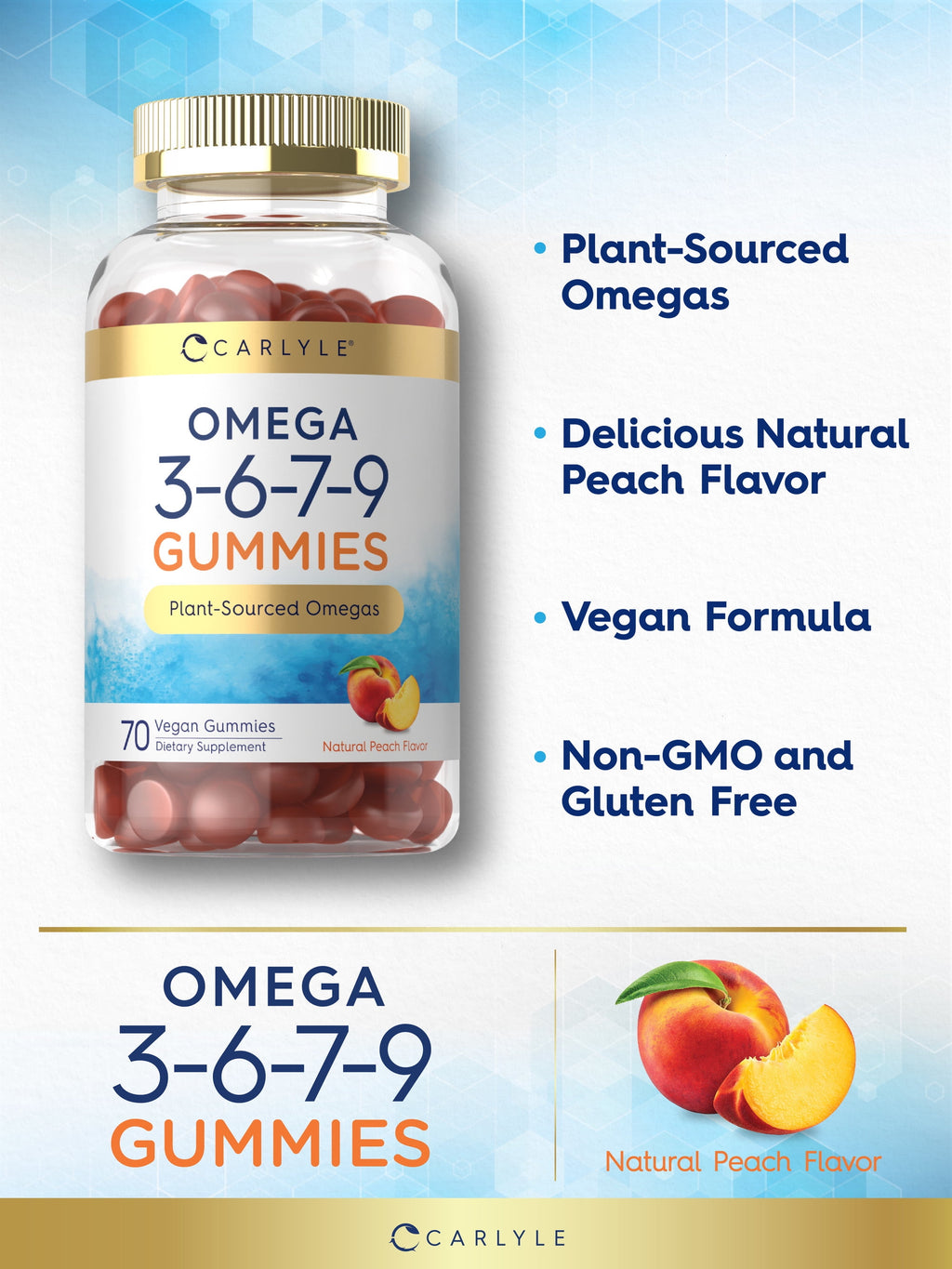 Omega 3 6 7 9 Gummies | 70 Count | Vegan Supplement for Men and Women | Peach Flavor | by