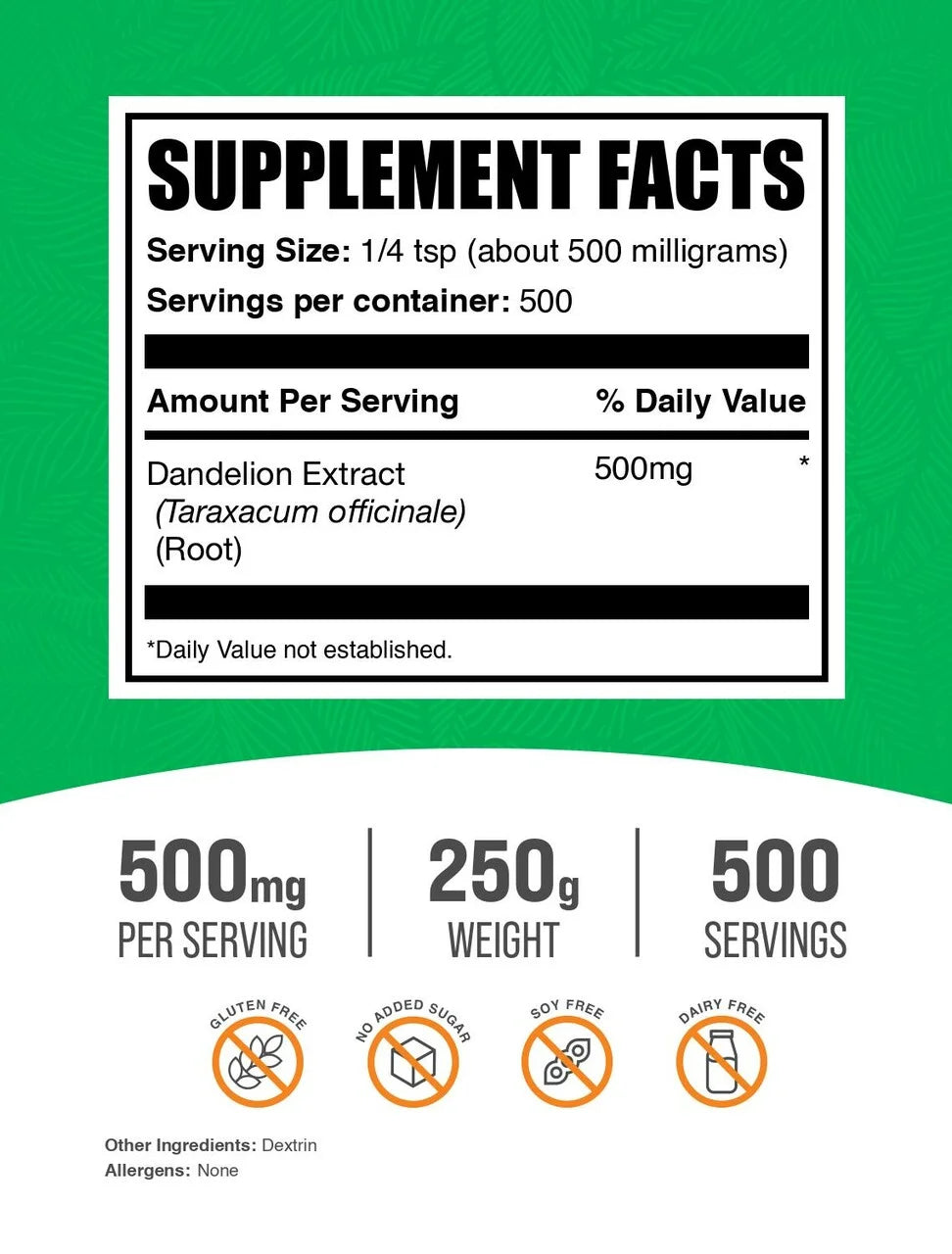 Bulksupplements Dandelion Extract Powder - 500Mg per Serving - 250 Grams (8.8 Oz) - 500 Servings