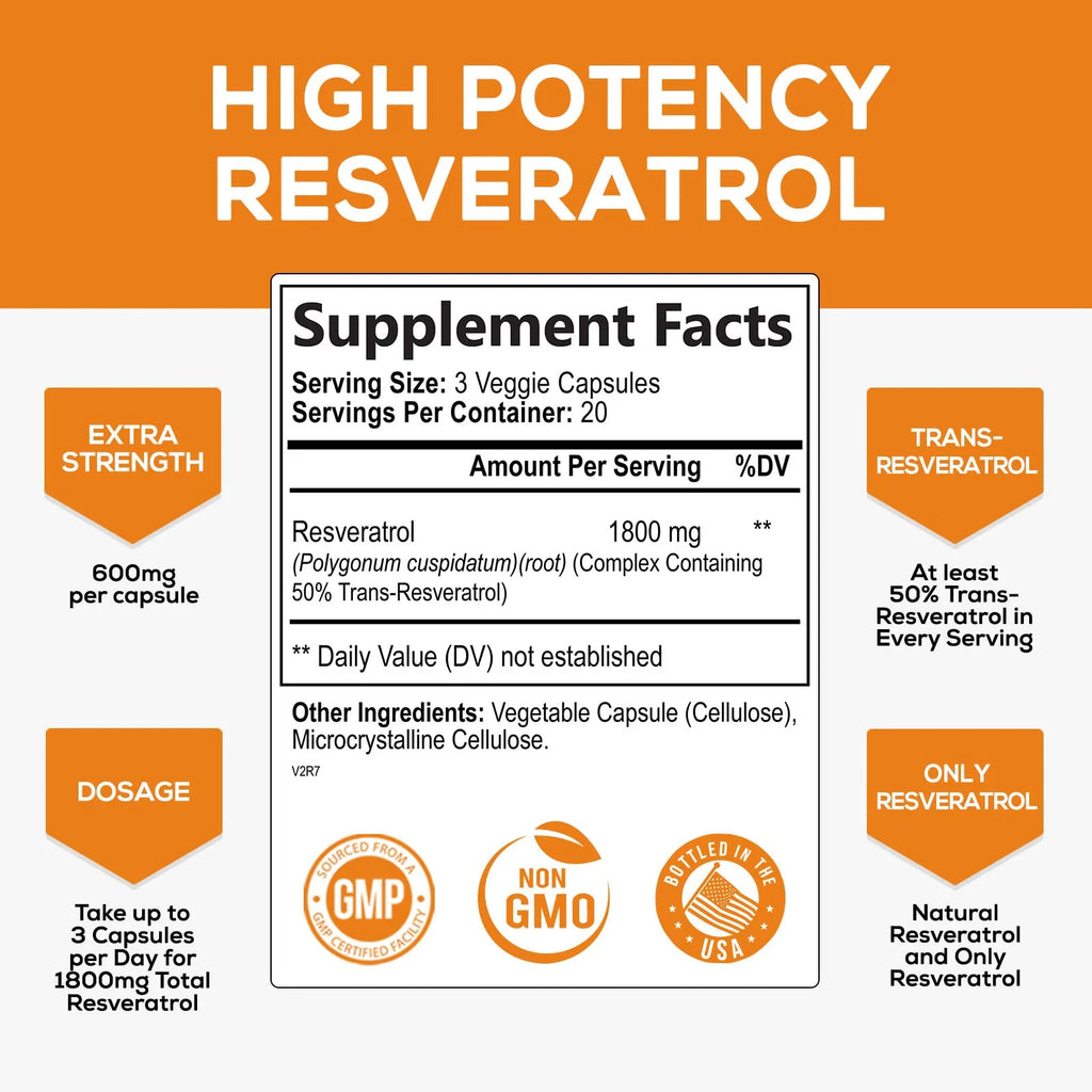 Resveratrol Supplement 1800Mg - Extra Strength Antioxidants for Healthy Aging & Immune Support - Heart Health & Cellular Energy Support - Non-Gmo, Bioavailable Trans-Resveratrol - 60 Vegan Capsules