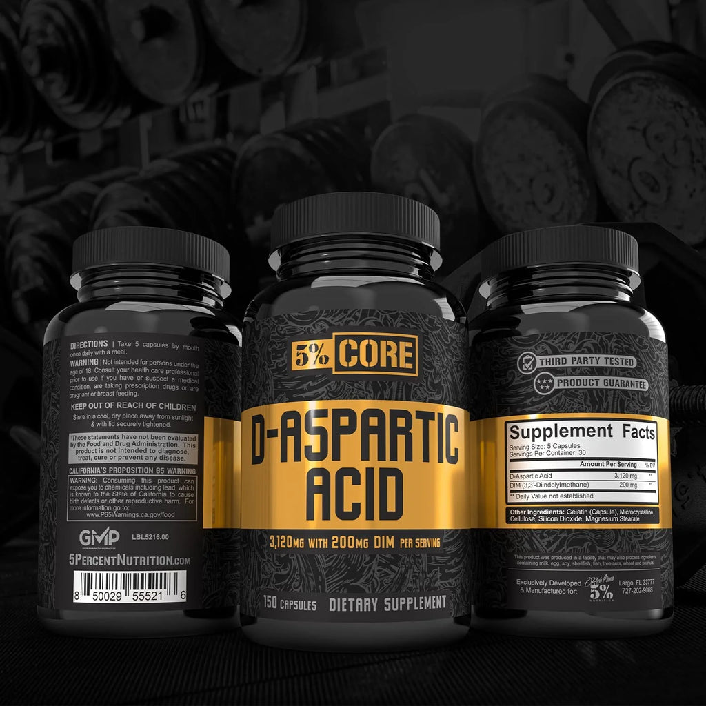 Core D-Aspartic Acid Supplement (DAA) with Natural Diindolylmethane (DIM) | Testosterone and Estrogen Regulation Support for Men | 30 Servings / 150 Capsules