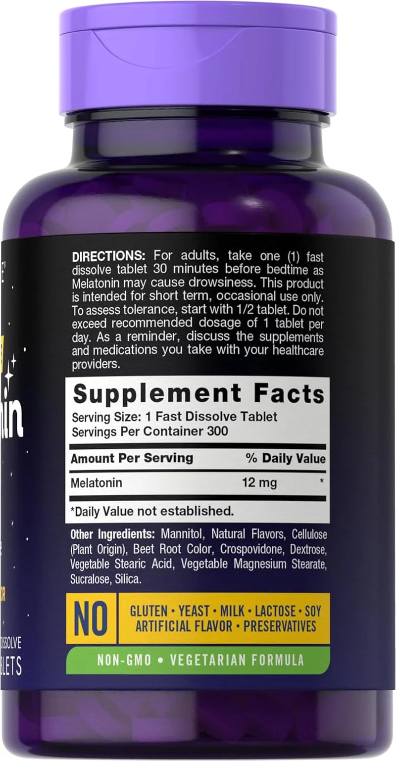 Melatonin 12 Mg | 300 Tablets for Men and Women | Berry Flavor | by