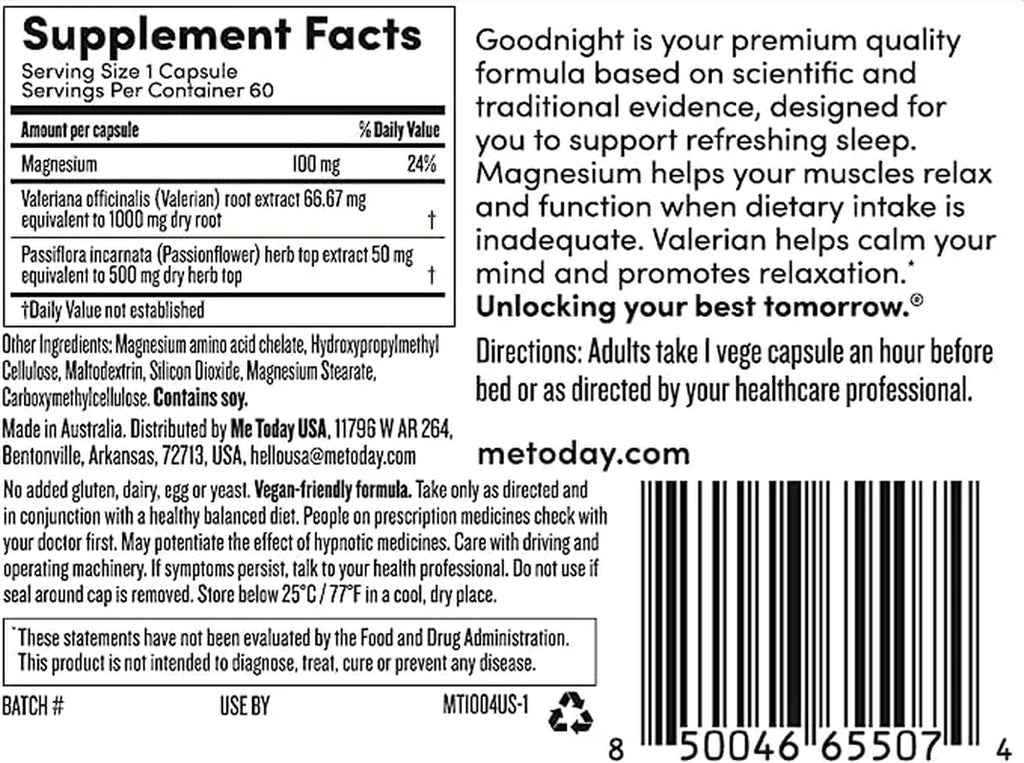 - Goodnight Supplement, Relaxing and Restful, Sleep Support, Magnesium, Vegan, 60 Capsules