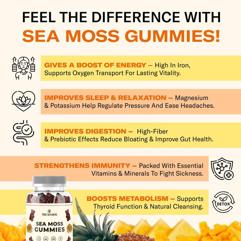 Trueseamoss Sea Moss Gummies – with Burdock Root & Bladderwrack – Non-Gmo, 60 Gummies – Rich in Minerals & Vitamins – Supports Immunity, Improves Digestion, Boosts Energy, Promotes Skin & Hair Health