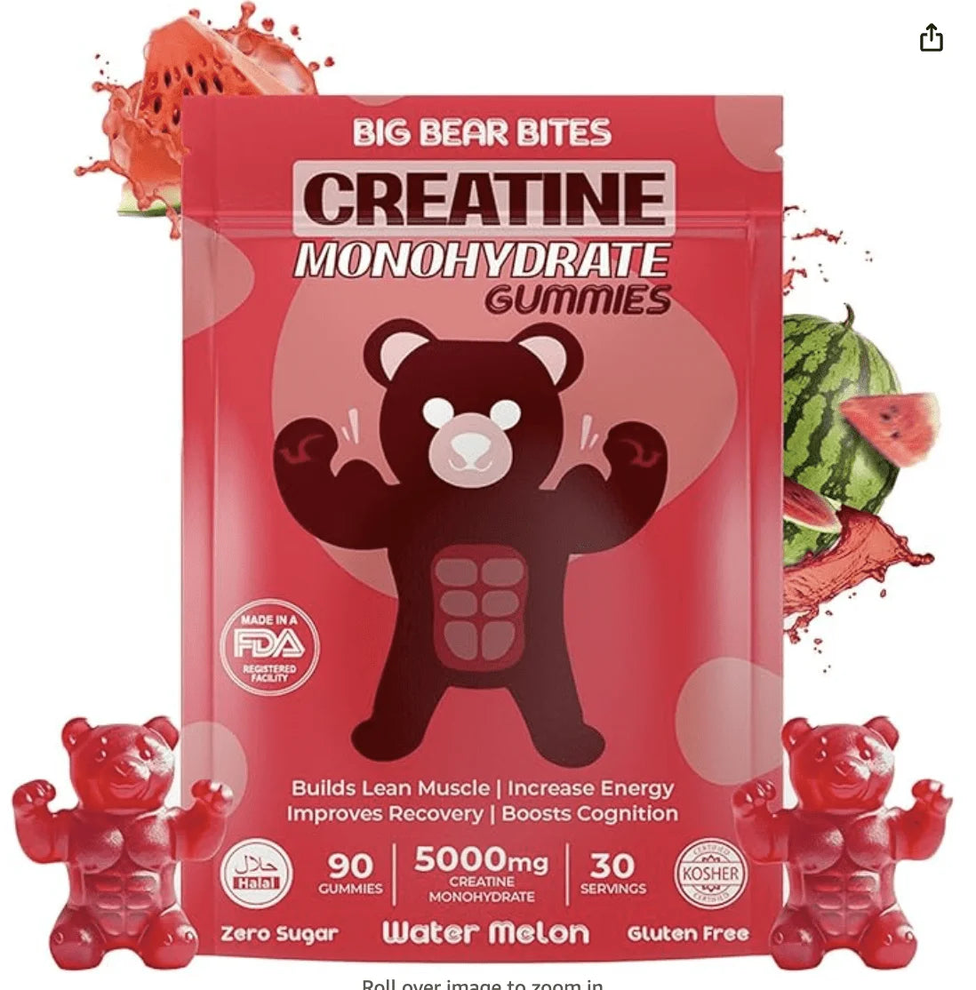 Creatine Monohydrate Gummies | 5000Mg of Creatine Gummies per Serving | Sugar Free Gummies, Gluten Free & Halal | Pack of 90 Pre Workout Gummies for Muscle Recovery | Watermelon Flavor