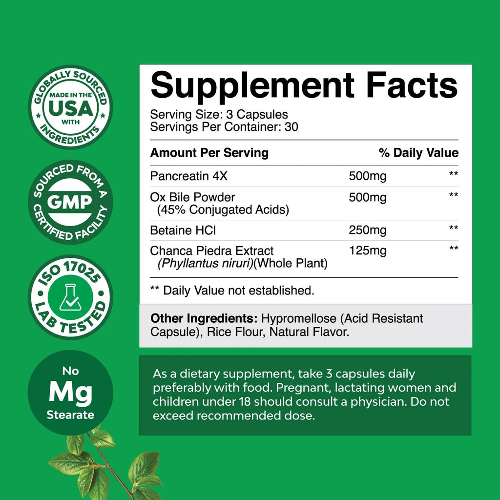 Ox Bile Salts for Gallbladder Support - Purified Bile Salts Supplement with Pancreatin Digestive Enzymes Ox Bile & Betaine HCL - Ox Bile Supplements for No Gallbladder & Digestive Health - 1 Month