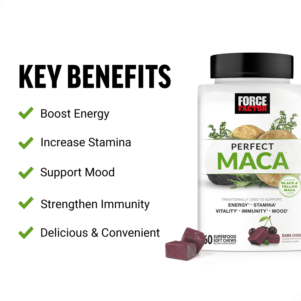 Perfect Maca, Maca Root Supplement with Saffron, Dark Cherry Flavor, 60 Soft Chews