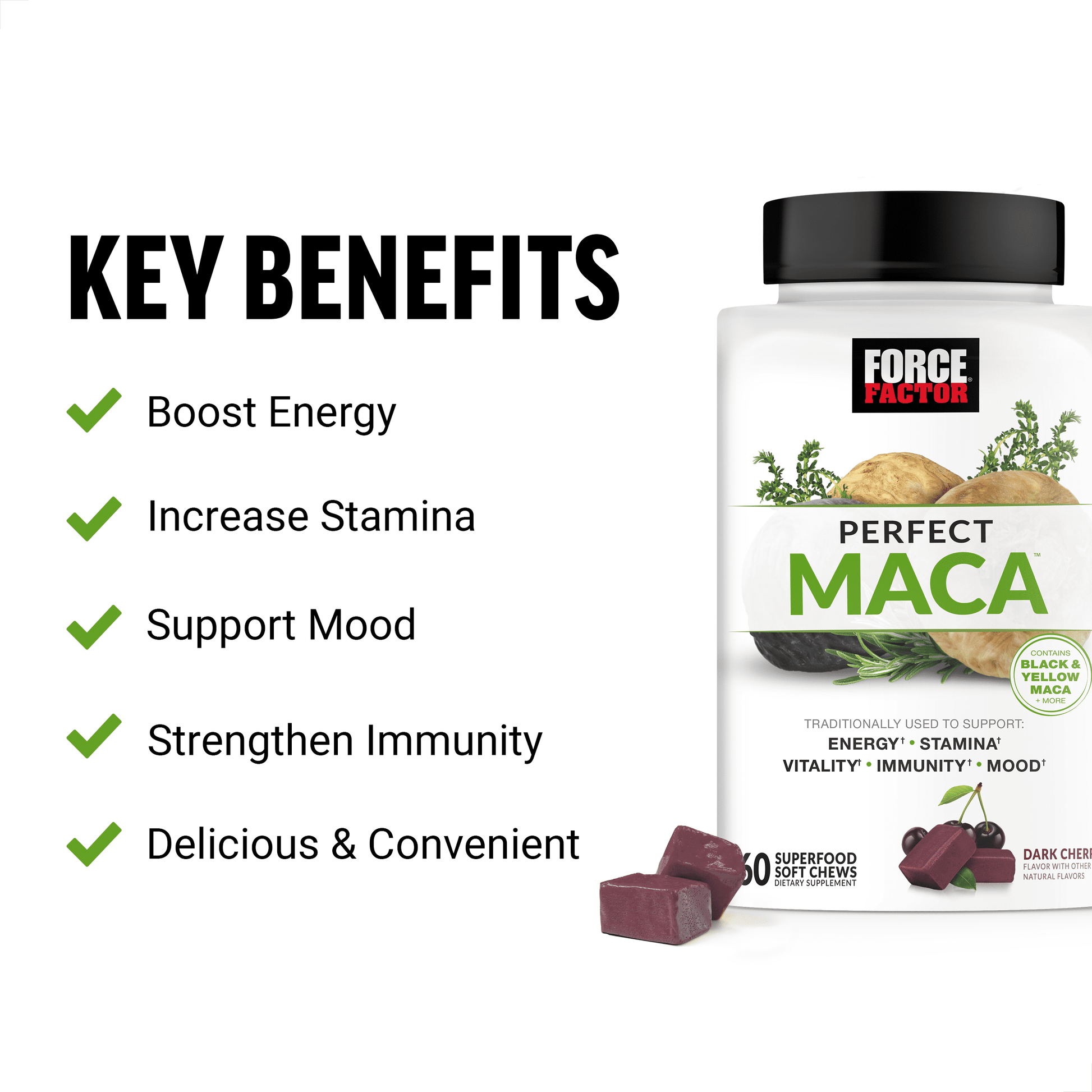 Perfect Maca, Maca Root Supplement with Saffron, Dark Cherry Flavor, 60 Soft Chews