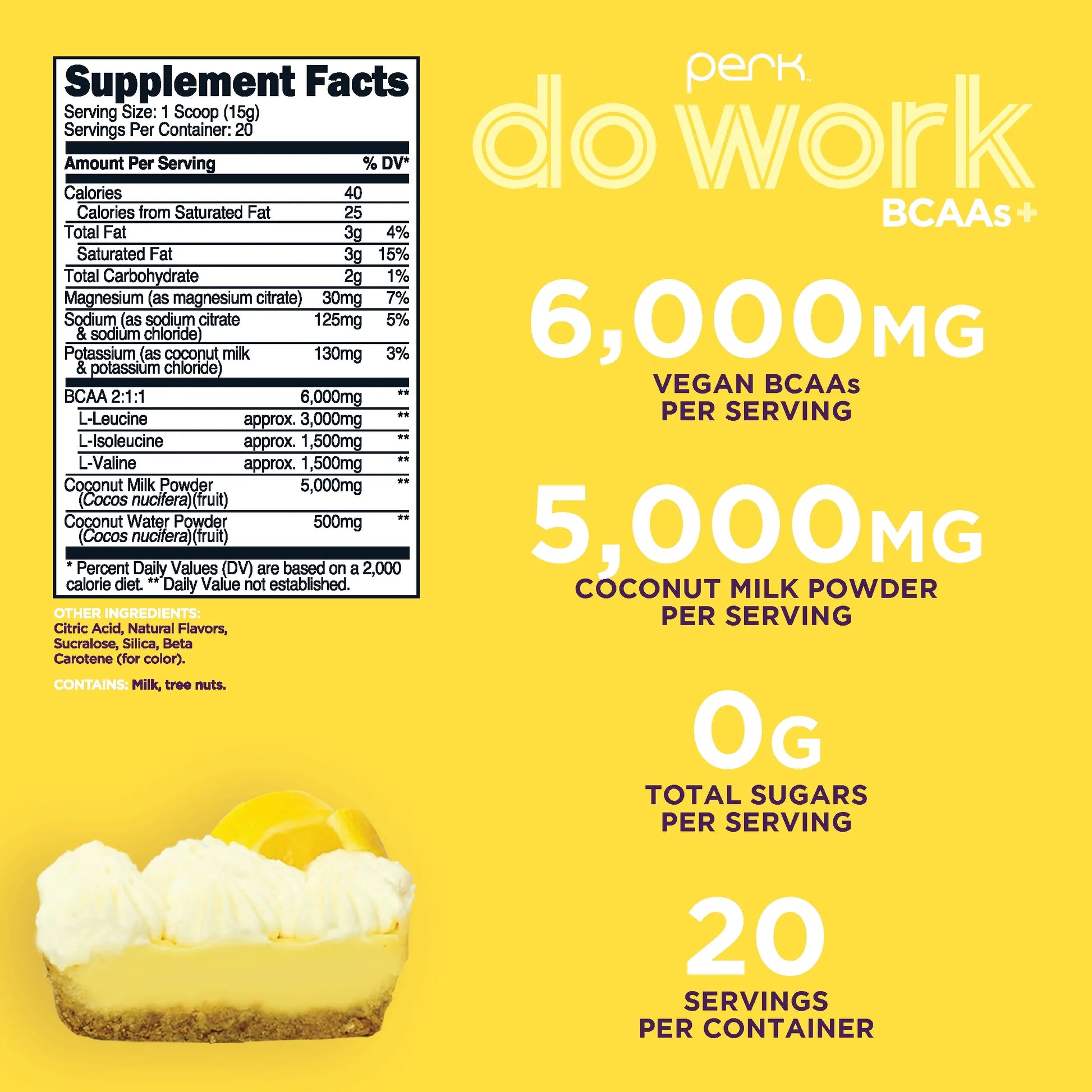 Do Work Bcaas + Hydration Electrolytes Powder (Lemon Tart Flavored, 20 Servings) - with Coconut Water and Coconut Milk