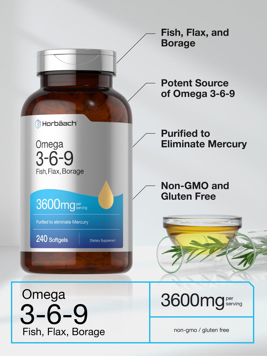 Triple Omega 3-6-9 240 Softgels | from Fish, Flaxseed, Borage Oils | Non-Gmo & Gluten Free | by