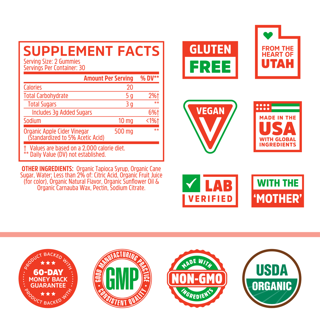Apple Cider Vinegar Gummies with the Mother - ACV Vegan Detox Cleanse - Gluten Free Probiotic Supplement for Digestion Support - 60 Gummies