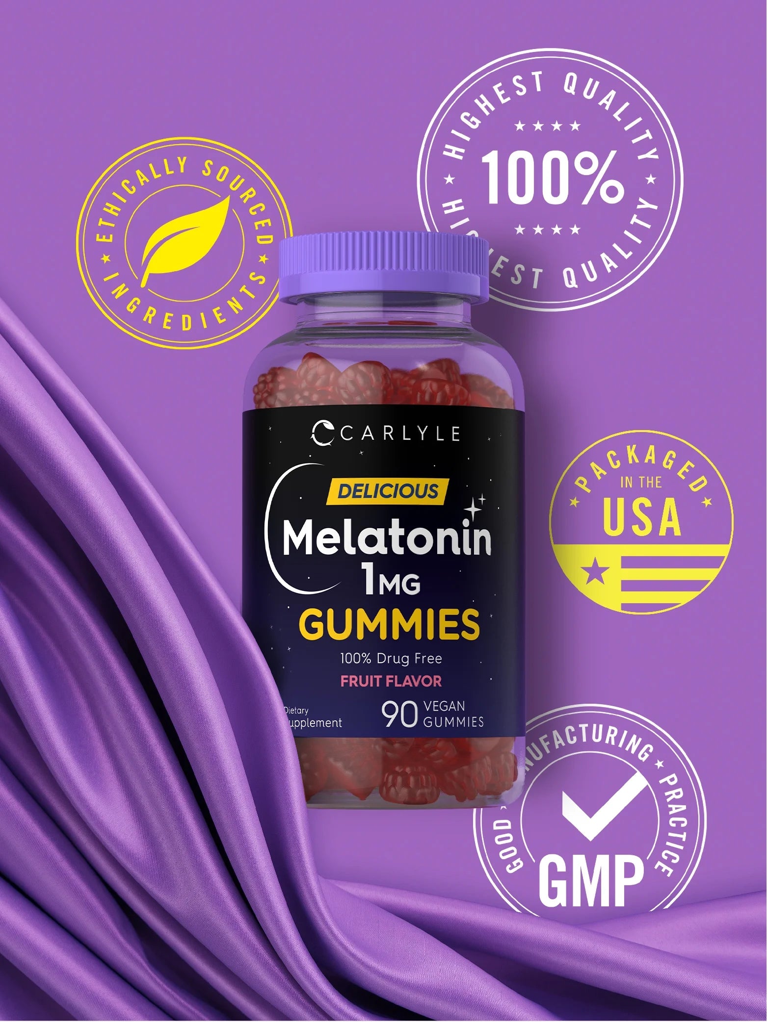 Melatonin 1Mg | 90 Vegan Gummies for Men and Women | Fruit Flavor | by