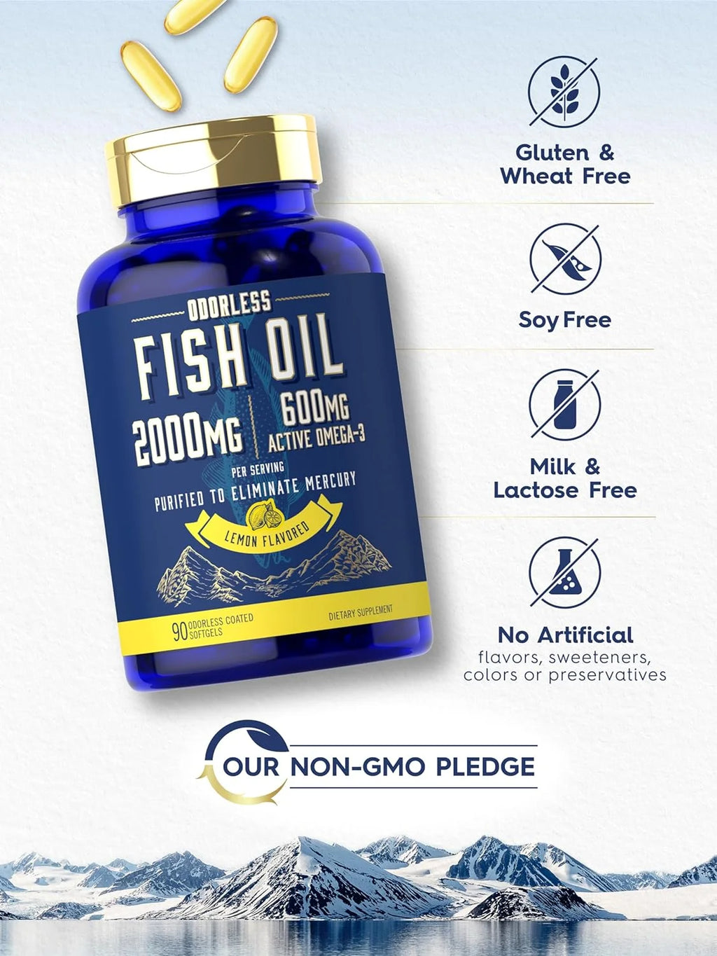 Fish Oil Pills 2000Mg | 600Mg Omega 3 | 90 Odorless Softgels | Lemon Flavored | by