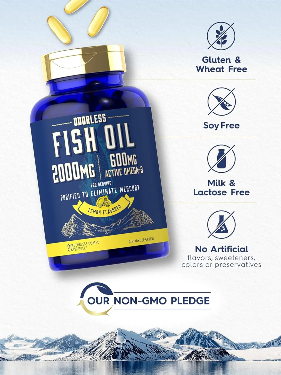 Fish Oil Pills 2000Mg | 600Mg Omega 3 | 90 Odorless Softgels | Lemon Flavored | by