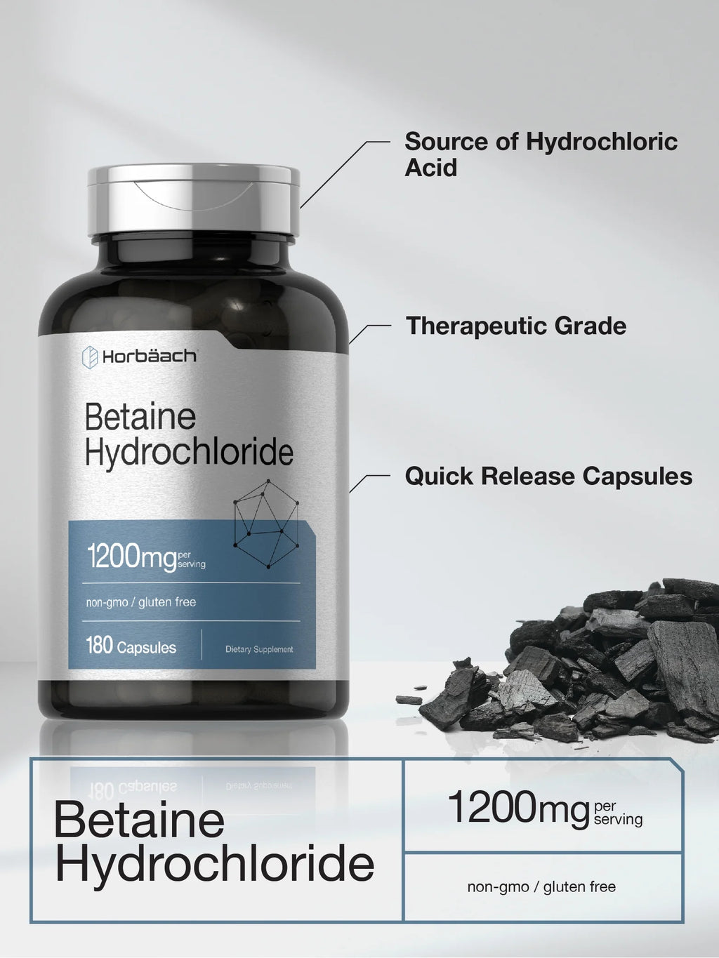 Betaine Hcl 1200Mg | 180 Capsules | Betaine Hydrochloride | by